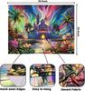 Enchanted Castle Tapestry, Psychedelic Sky with Palm Trees & Glowing Flowers Print,Wall Hanging for Fantasy Aesthetic Room Decor