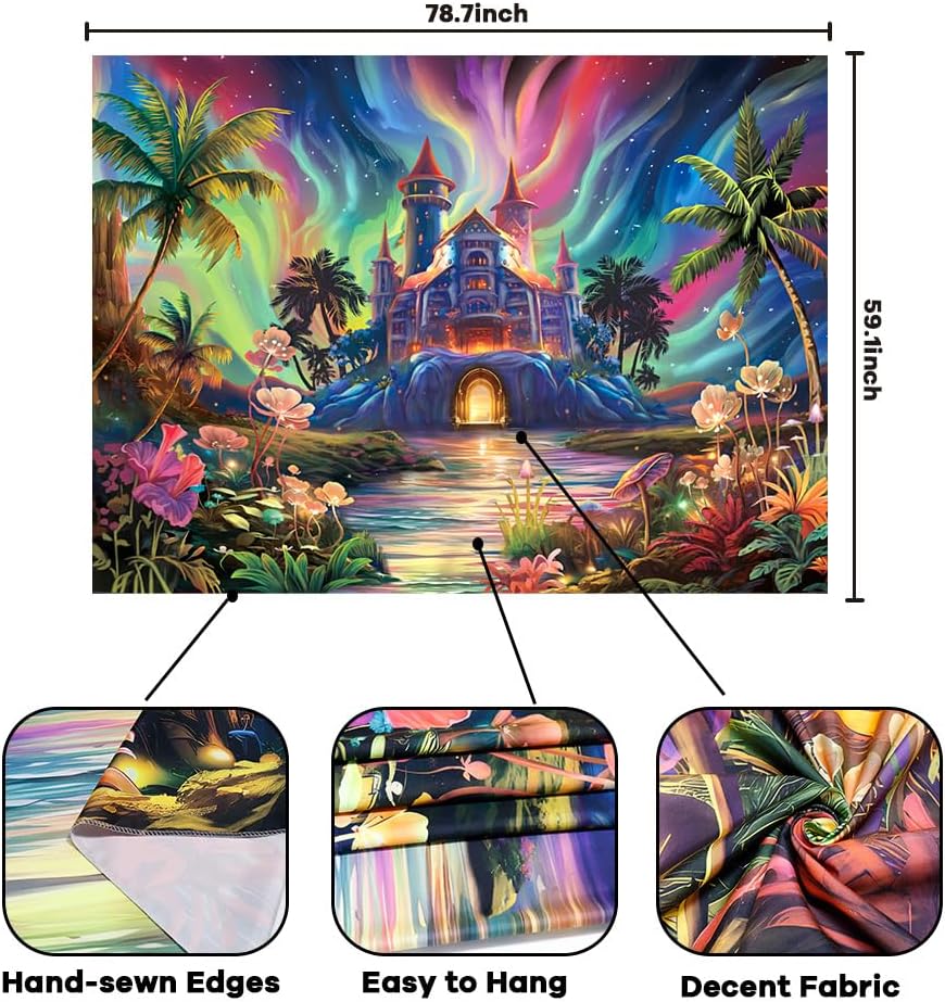 Enchanted Castle Tapestry, Psychedelic Sky with Palm Trees & Glowing Flowers Print,Wall Hanging for Fantasy Aesthetic Room Decor