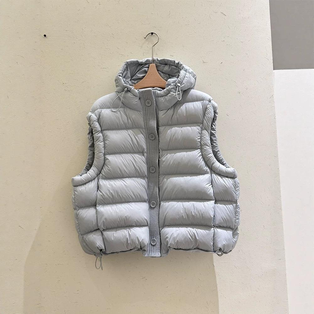 Down vest women's short winter thickened hooded white duck down jacket knitted splicing to keep warm