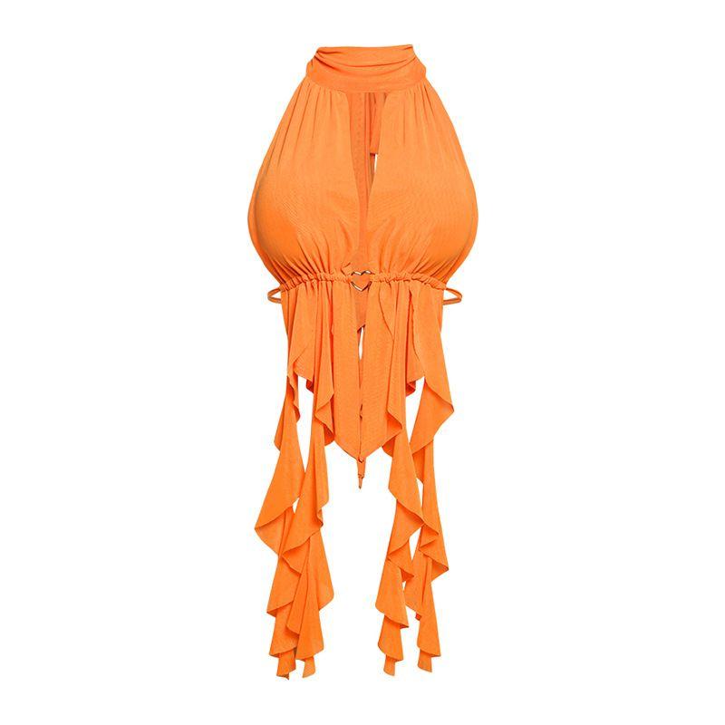 

Fashion 2025 Summer New Arrival Women s Clothing Sexy Sexy Mesh Hollow Halterneck Lace-up Backless Tassel T-shirt Vest Orange color L