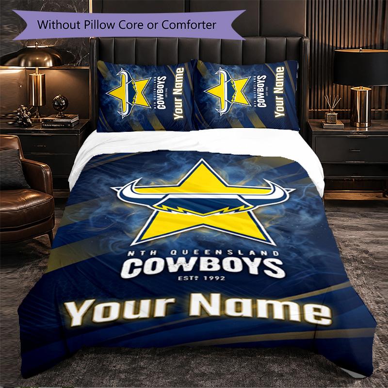 North Queensland Cowboys Customized Name Text Bedding Set, 1 Duvet Cover & 2 Pillowcases Personalized Bedroom Gift