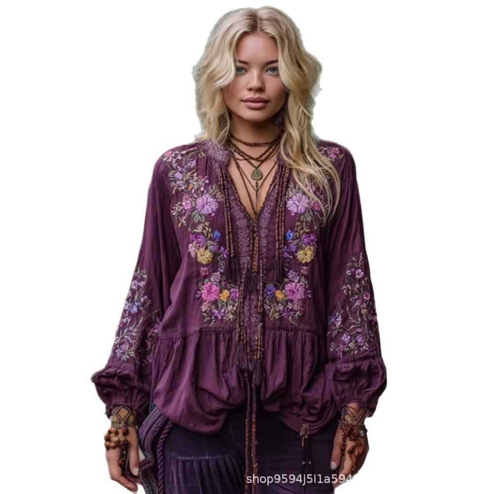 Women's 3D Print Retro V-neck Long-sleeve Pullover Top