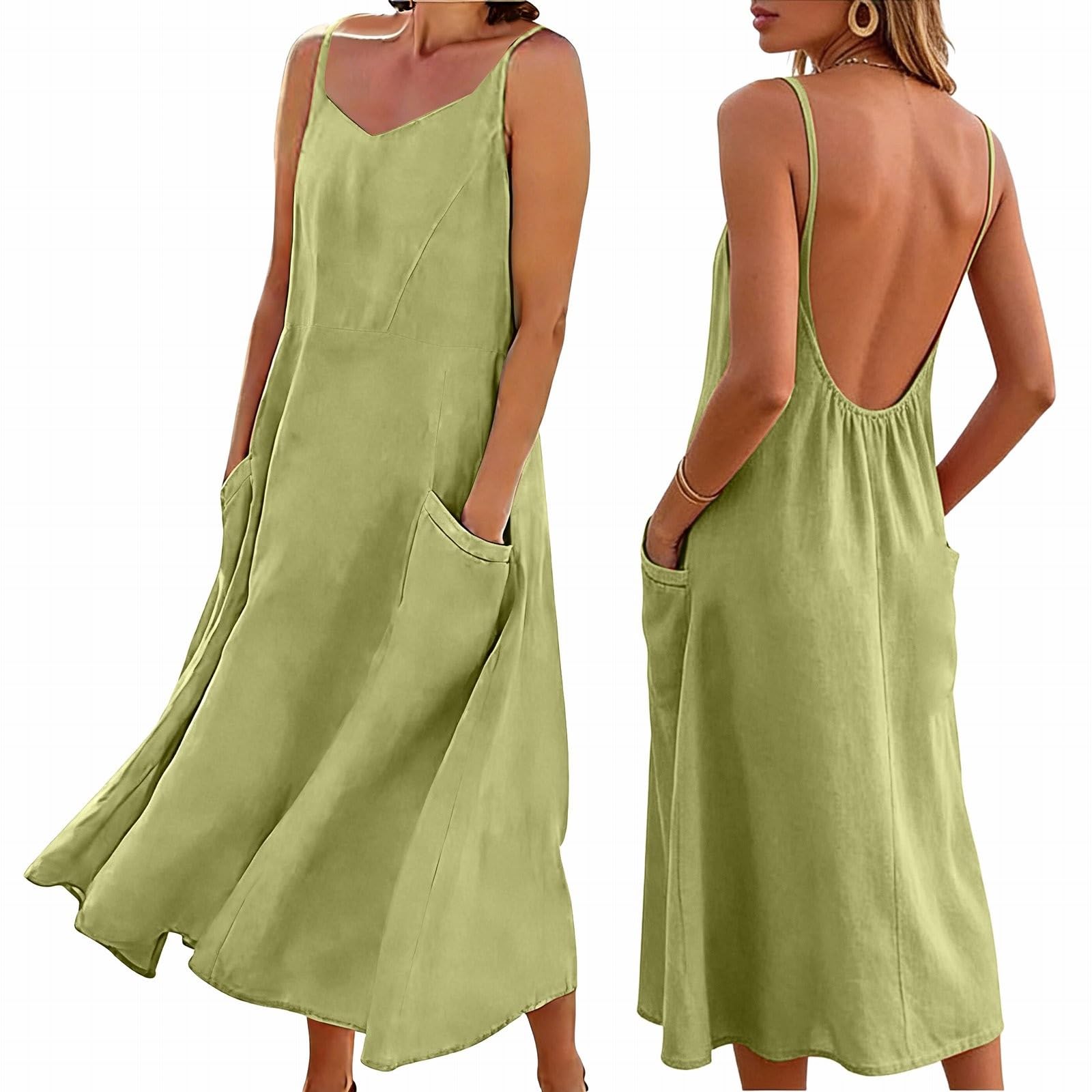 

Ladies Color Casual Fashion Strap Pocket Dress S зелений