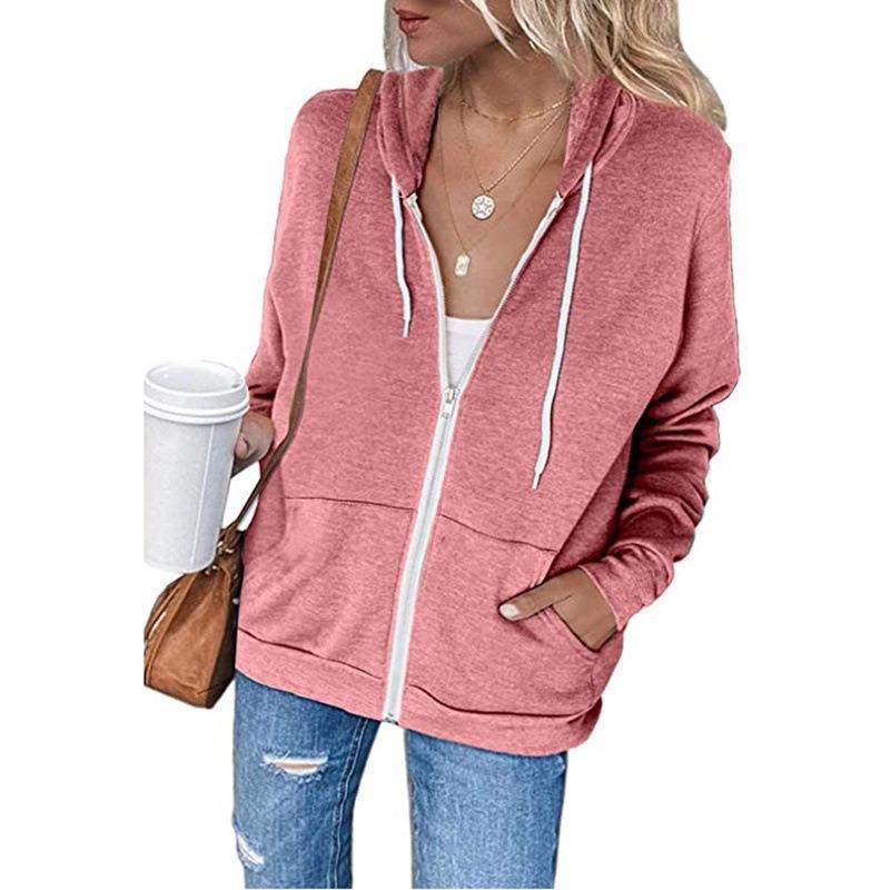 Women S Solid Color Long Sleeve Hooded Zip Up Sweatshirt With Pockets Drawstring