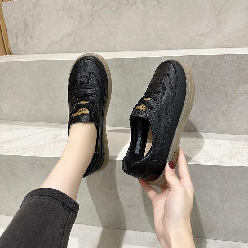 First layer cowhide leather little white shoes women's 2025 new soft-soled casual single shoes large size beef tendon lace-up lazy shoes women