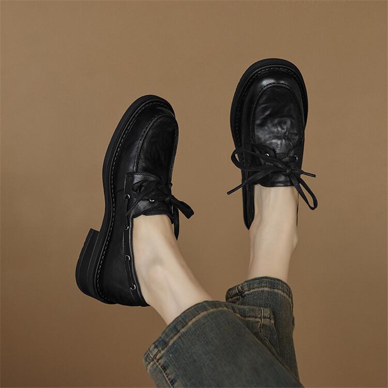 Fashion New Autumn Genuine Leather Women Pumps Fashion Lace Round Toe Shoes for Women Chunky Heel Casual Women Loafers Zapatos Mujer