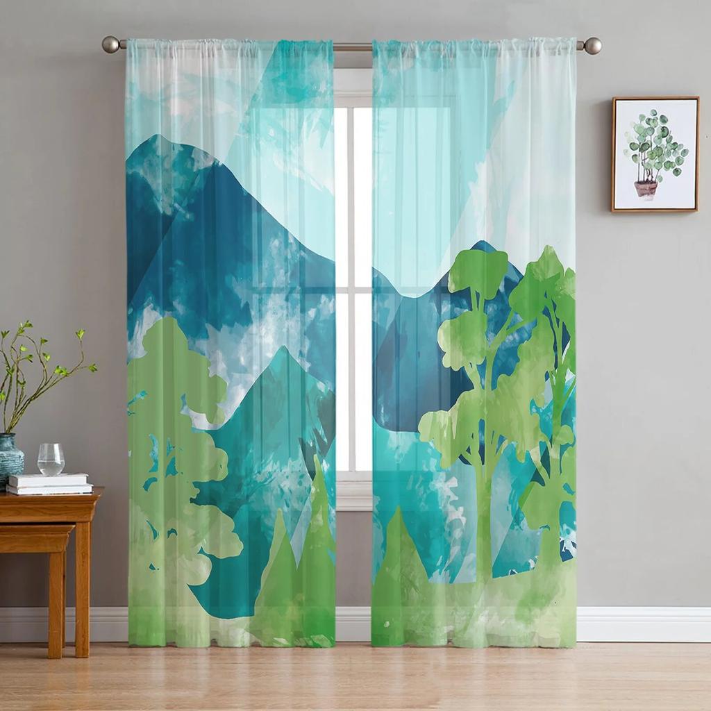 Mountains Trees Green Landscape Sheer Curtain for Living Room Hall Wall Dress Up  Home Window Supplies Pop Print Tulle Curtains