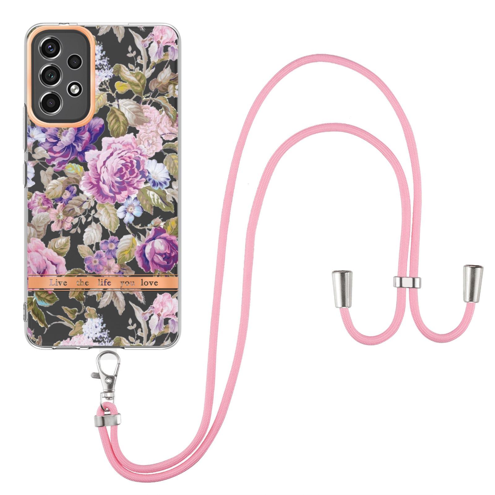 

For Samsung Galaxy A13 4G Back Cover with Shoulder Strap Flower Pattern Electroplating TPU Case HC006 Purple Peony