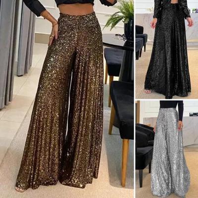 Elegante Damen-Hose mit breitem Bein, einfarbig, glänzend, locker, für Club-Nacht-Partys, Damen-Hose