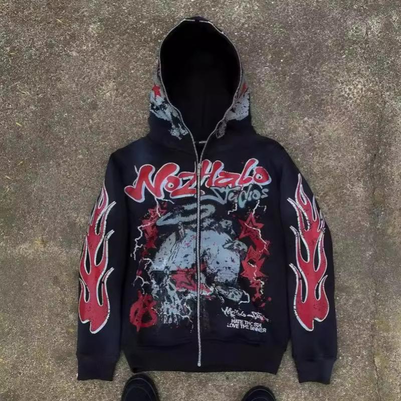 European and American Y2K Retro Harajuku Street Dark Hip-hop High Street Cartoon Printed Zipper Loose Hoodie