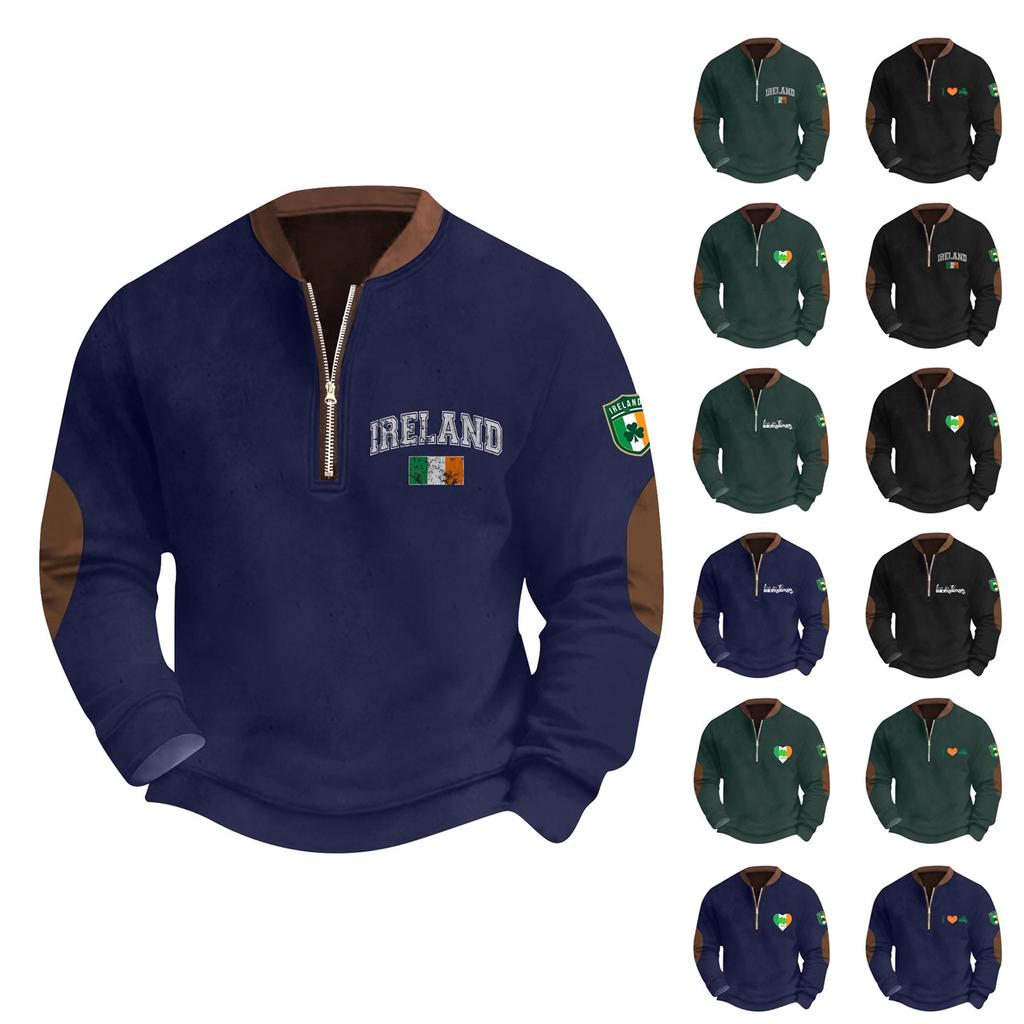 Herrenmode Casual Half Zip Kragen Lose Langarm Neujahr St. Kapuzenpullover mit Patrick-Print