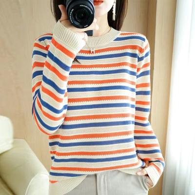 Herbst und Winter Neu Strickwaren Damen Langarm Oberteil Koreanische Version Regenbogenstreifen Rundhals Farbblock-Pullover Damen Basisschicht
