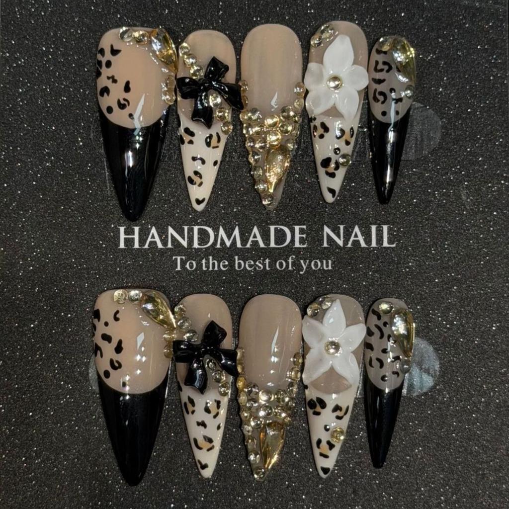 10Pcs Leopard Print Long Stiletto False Nails Full Cover Butterfly Flower Decor Press On Nails