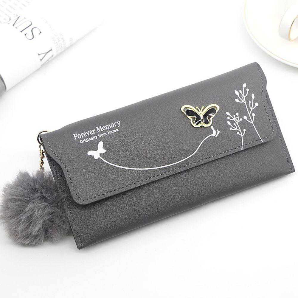 

PU Leather Long Bag Card Bag Butterfly Korean Style Wallets Bow Clutch Bag Women Wallets Plush Ball сірий