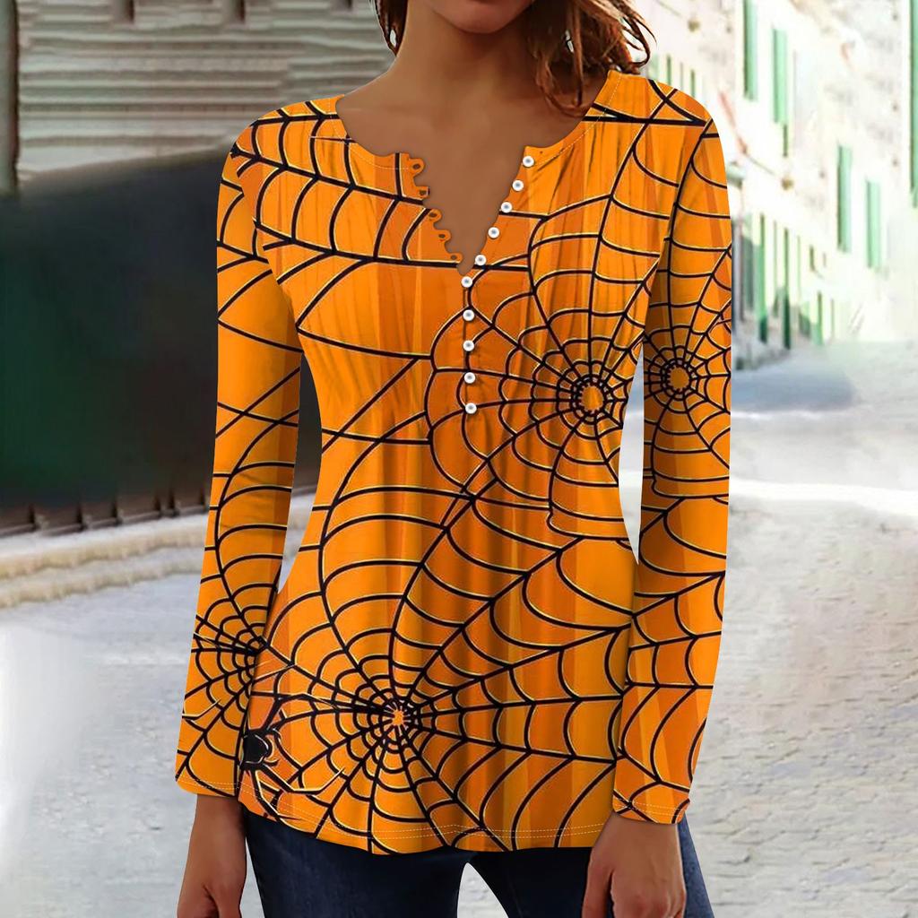 Dam Vår Höst Plisserad Knäppkrage Halloween Tryck Långärmad Topp