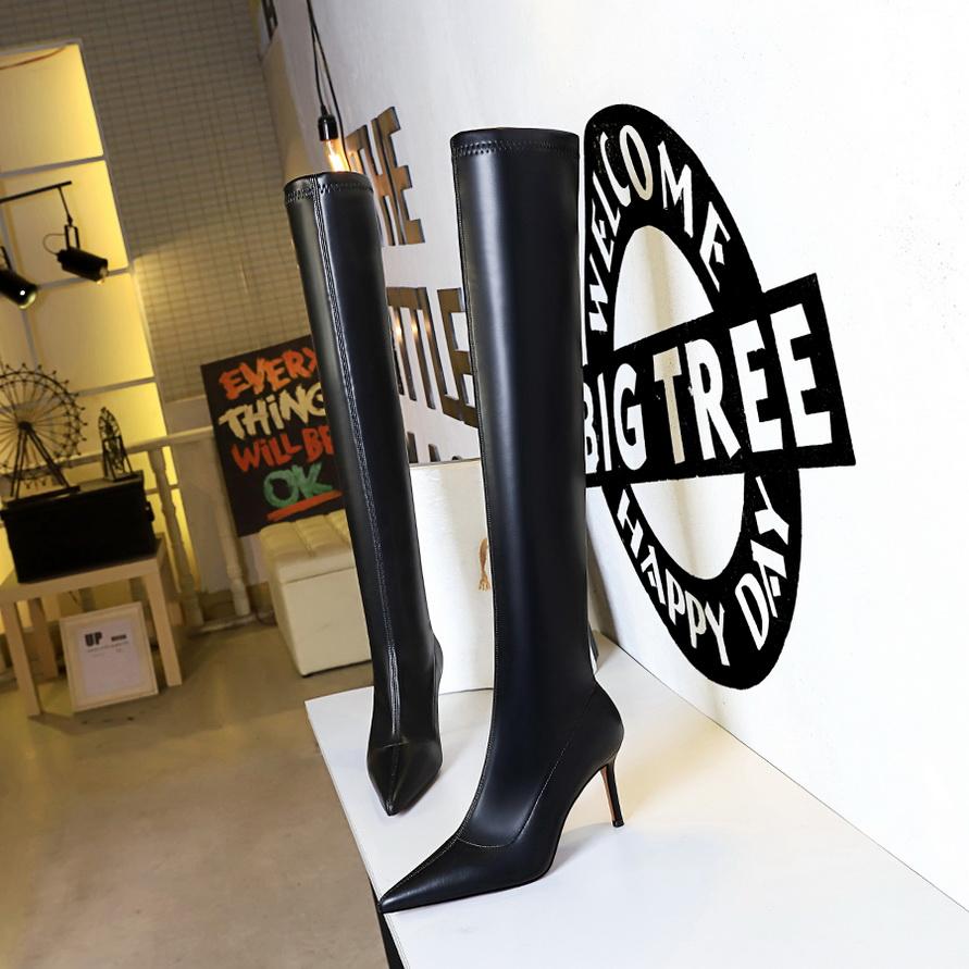 Bigtree Shoes Stiletto Sexy Over-The-Knee Boots Black Leather Boots Sexy Thin High Heel Boots Winter Long Boots Plus Size 43