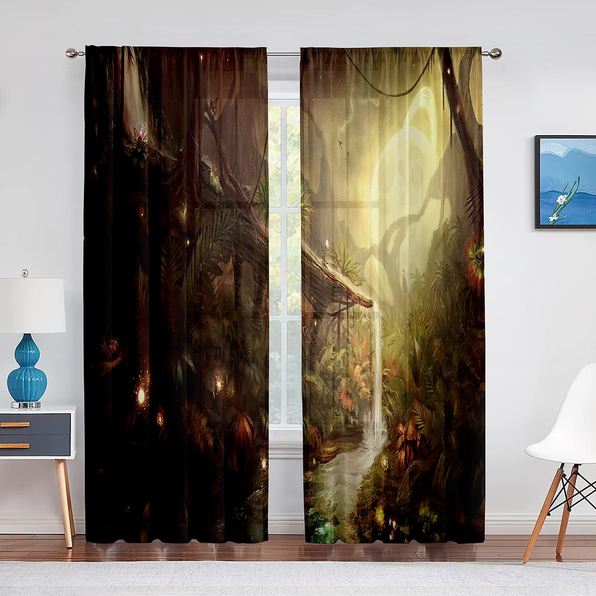 

Лесные сказки, фонарики и фэнтези, тюлевые шторы с большим деревом для украшения гостиной, спальни, шифоновая прозрачная занавеска из вуали 1 PCS W100XH250cm&Rod Pocket