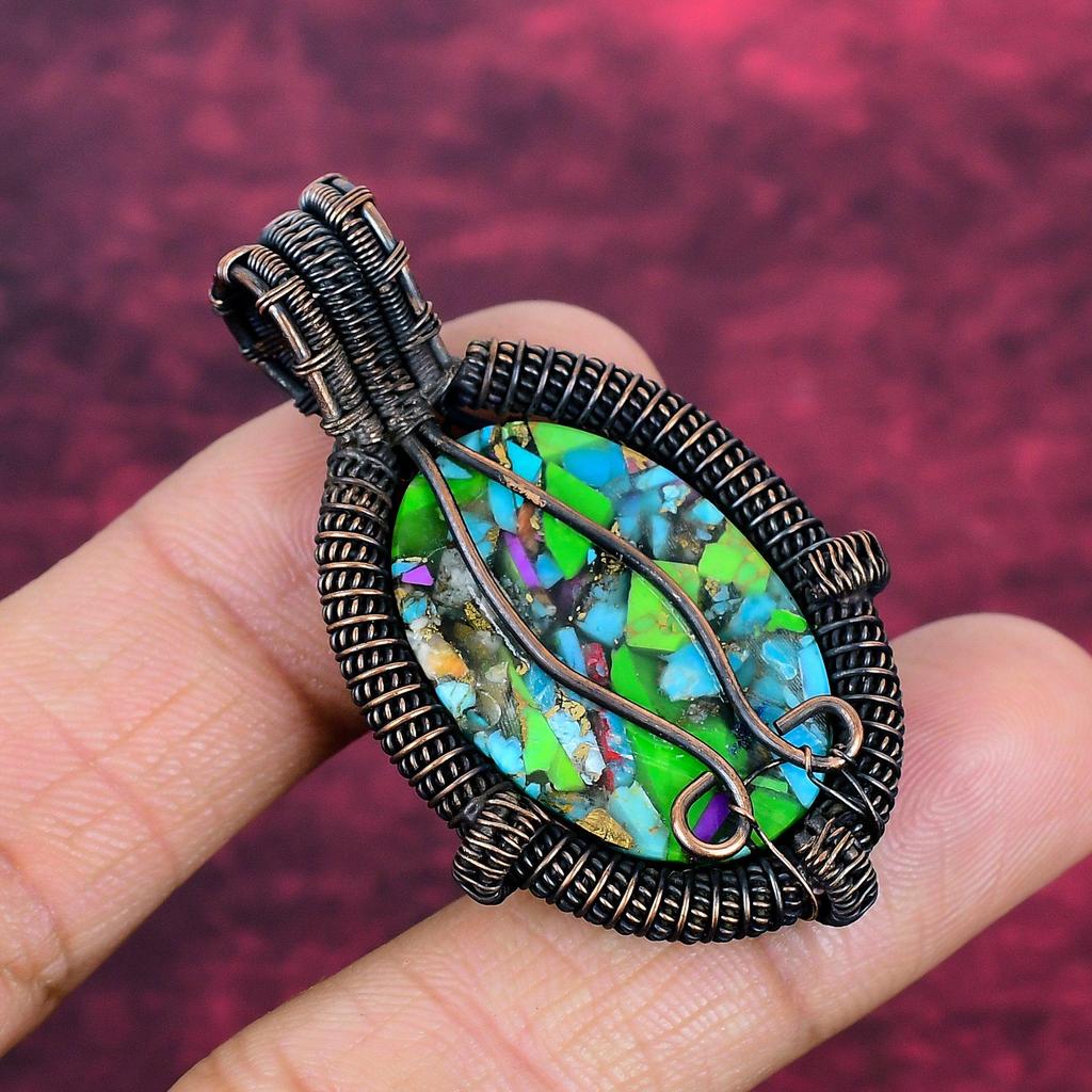 Fiesta Kingman Turquoise Gemstone Pendant Copper Wire Wrapped Handmade Pendant