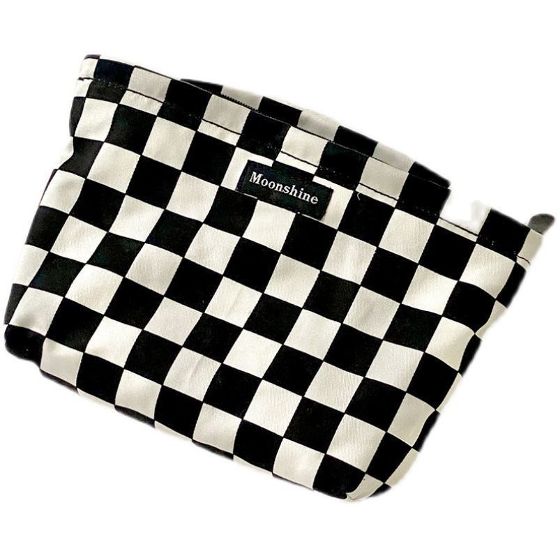 Black And White Plaid Cosmetic Bag Large Capacity Cosmetic Storage Bag Portable Versatile Checkerboard Toiletry Bag чёрный