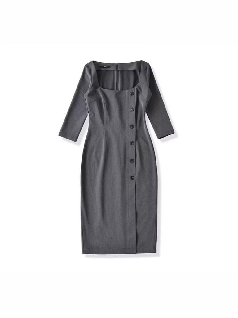 Women's Gray Seven-Sleeve Waist-Cinched Elegant Square Neck Slim Fit Retro Dress for Spring/Summer