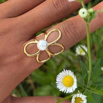 European and American Stainless Steel Pearl Flower Adjustable Ring - Simple, Stylish Ladies' Jewelry