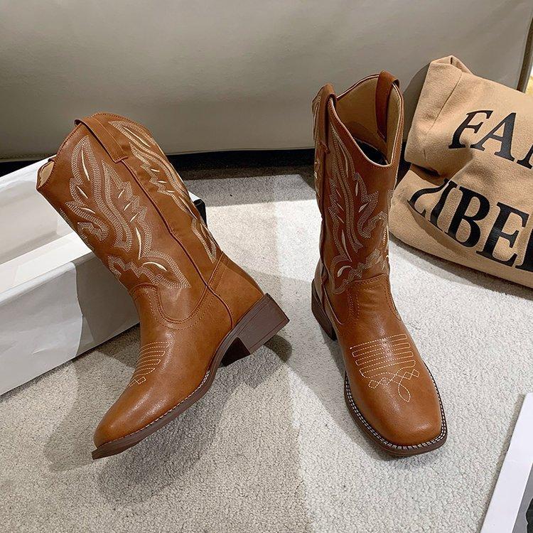 Boots Retro Embroidery Knight Boots Women He Sui Tong V Mouth Mid-Calf Boots Long Boots