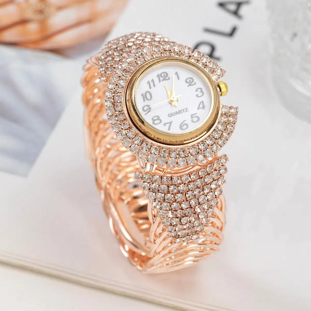 Elegant Crystal Watches Clock Open Bangle Watches Fashion Quartz Zircon Wrist Watch  Gifts