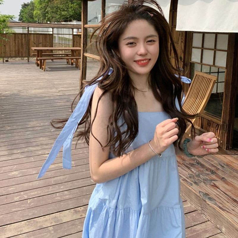 Japanese Style Sweet Spaghetti Strap Dresses Women Summer Sleeveless Loose Midi Dress Woman Preppy A Line Dress Mujer