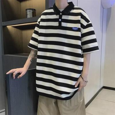 Męska koszulka polo w paski z krótkim rękawem - Letni oddychający T-shirt z bawełny perłowej