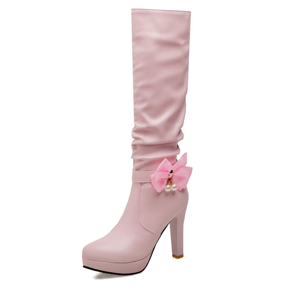 Fashion Women Winter High Boots Sexy High Heels Platform Knee High Boots Ladies Fashion Beaded Zipper White Black High Boots Shoes