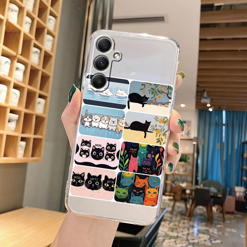 Cute Cat Cartoon Soft Transparent Silicon Case For Samsung A55 A35 M35 M34 S24 Xiaomi Redmi Note 13 Pro 13C Poco M6 Camera Shockproof Protective Cover