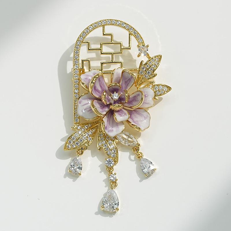 Bo Xin Yun Peony Flower Tassel Brooch: Elegant Ancient Style with Zircon Accents