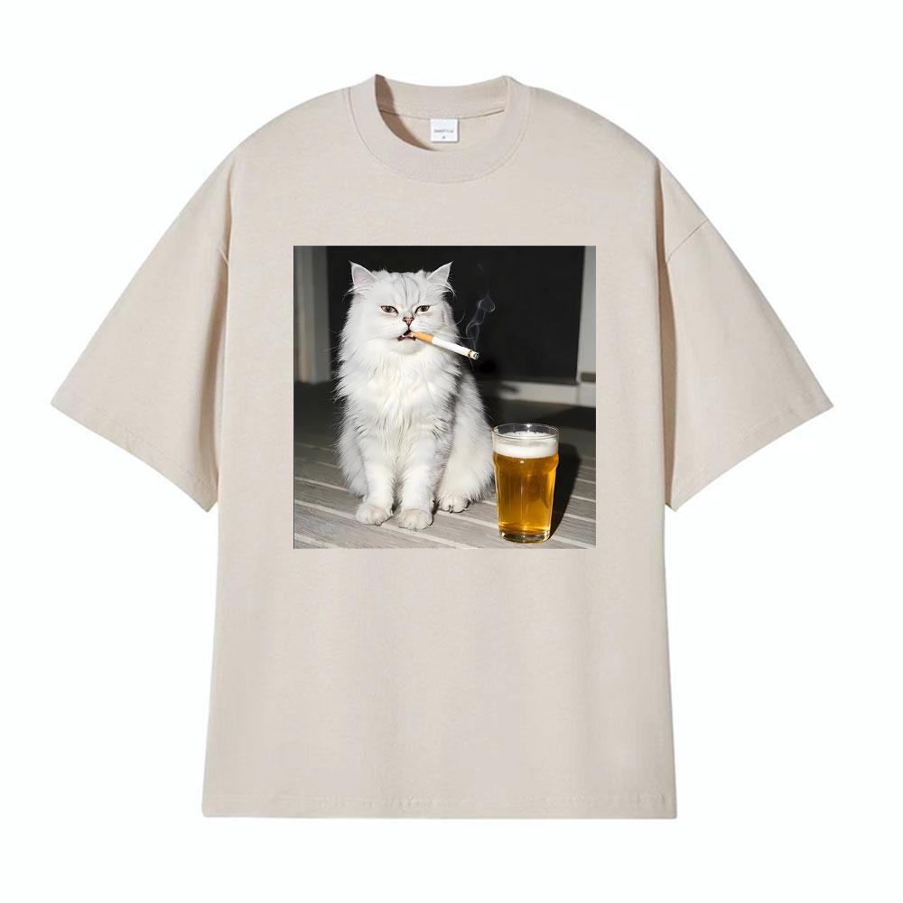 Funny Persian Cat Smoking and Drinking Beer Vintage Tshirts Mens Women Casual Cotton T Shirt Fashion Cool Short Sleeve Tshirt