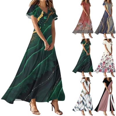 Women's Summer Casual Fashion Print Color Dresses V-Neck Short Sleeve Dresses