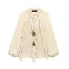 Womens Layered Romantic Blouse With Tie Detail Loose Fit Long Sleeve Top In Beige
