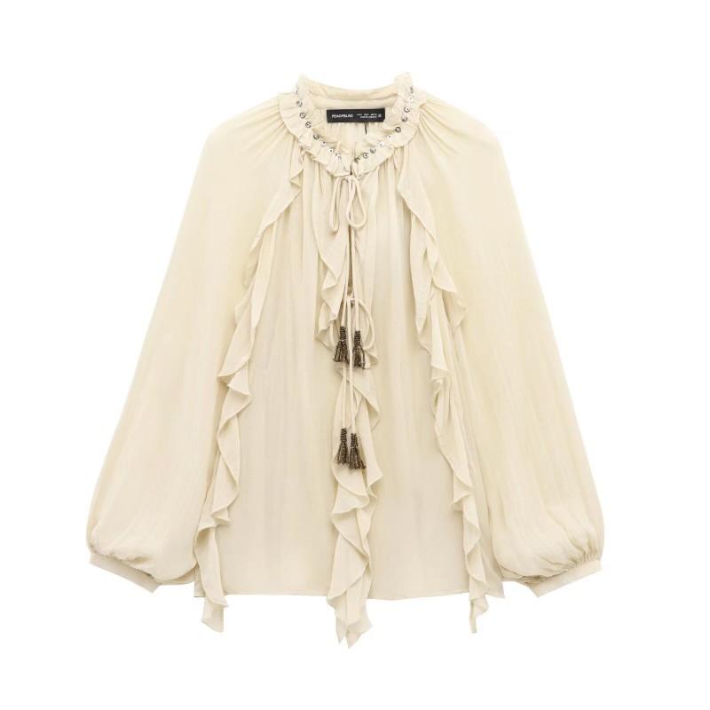 Womens Layered Romantic Blouse With Tie Detail Loose Fit Long Sleeve Top In Beige