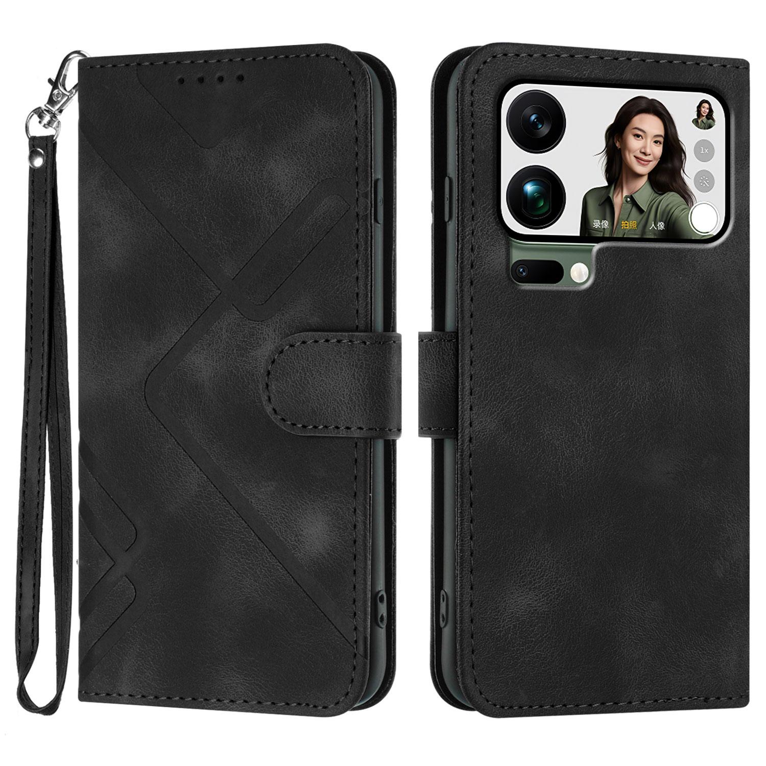 

For Xiaomi 17 Pro Max Wallet Case Line Imprinted PU Leather Phone Cover with Strap