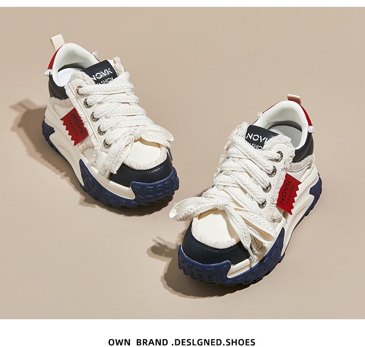 2025 Women's Colorblock Genuine Leather Casual Shoes with Thick Sole and Height Increase