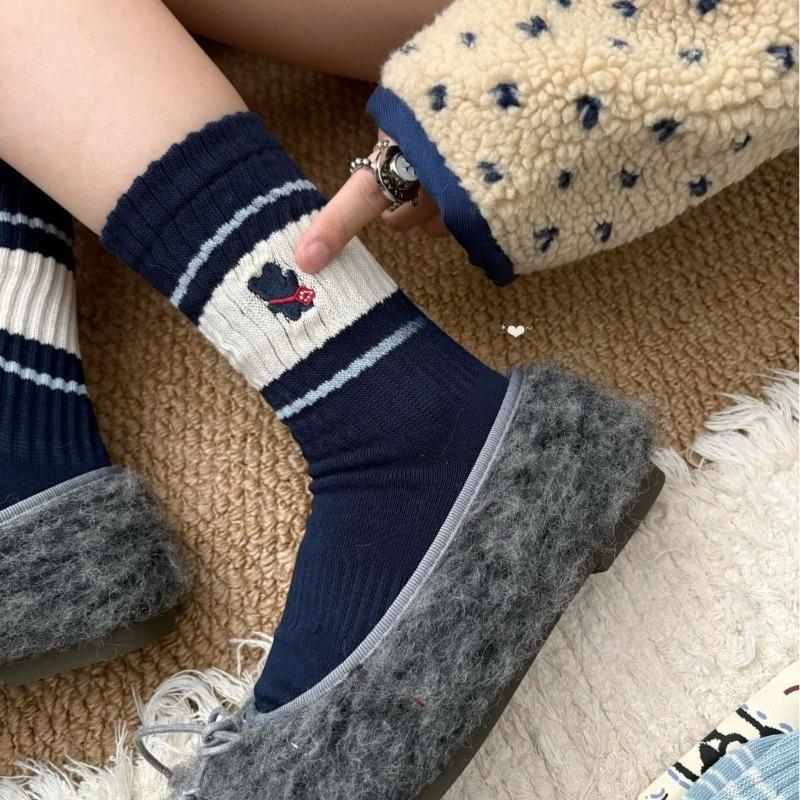 Backpack Bear Cub, Navy Blue Mid-calf Socks, Little Bear Cartoon School Style, Striped Embroidery, Pile Socks, Girl