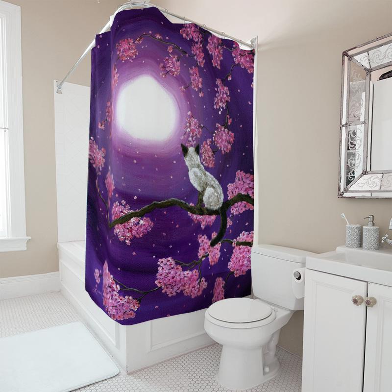 Purple Moonlight Cherry Blossom Cat Shower Curtain Pink Spring Floral Print Bathroom Decor Waterproof Fabric Bath Mat Cover Home