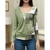 Women's V Neck Long Sleeve Blouse with Pleated Detail and Ring Buckle Multi Color Patchwork Top
