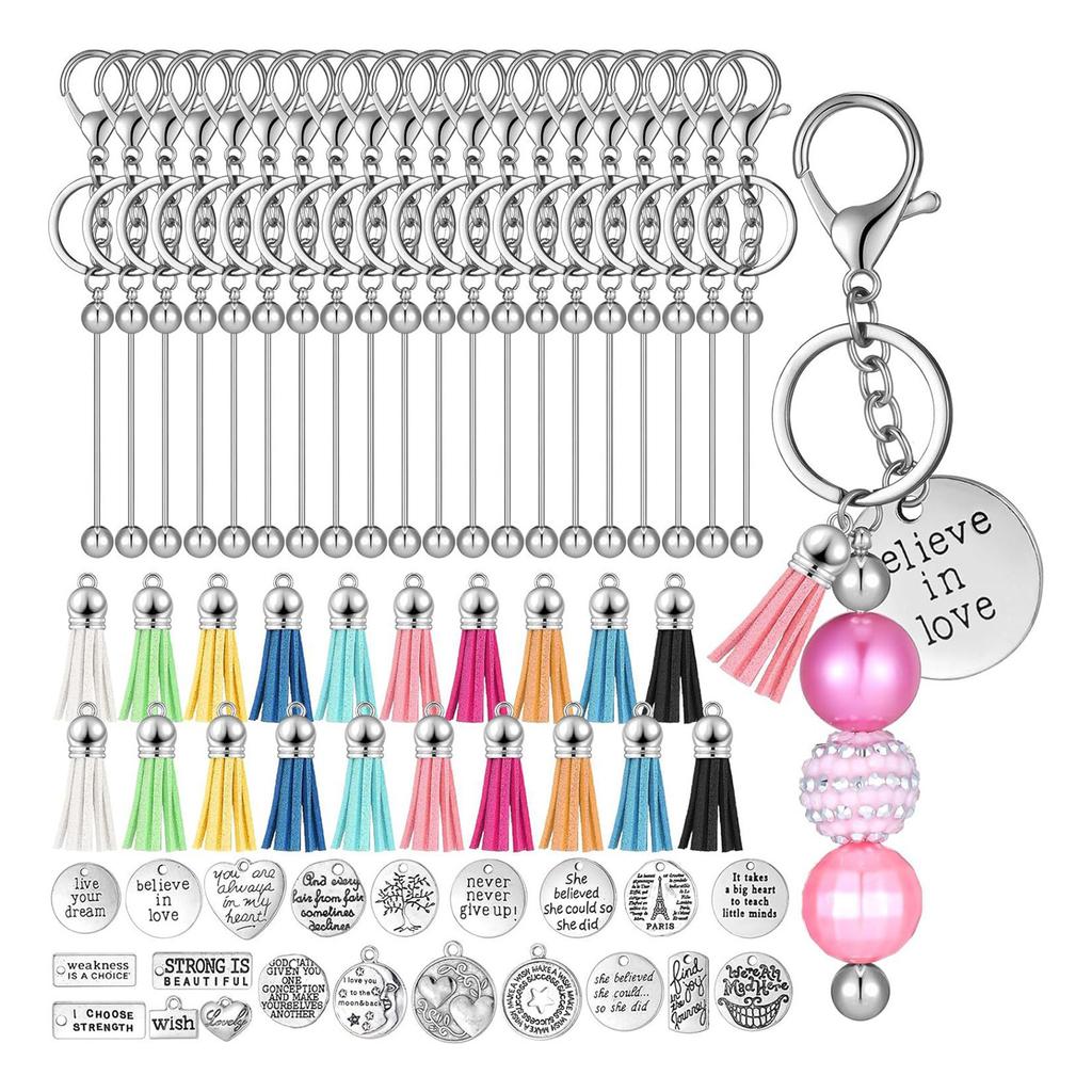 Set of 60 Customizable Keychain Set Motivational Keyring Accessories with Silver Blank Beads and Leather Tassels