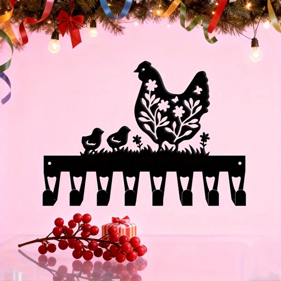 Farmhouse Chicken Wall Hook 8 Hooks Heavy Wrought Iron Rustic Decor Gift