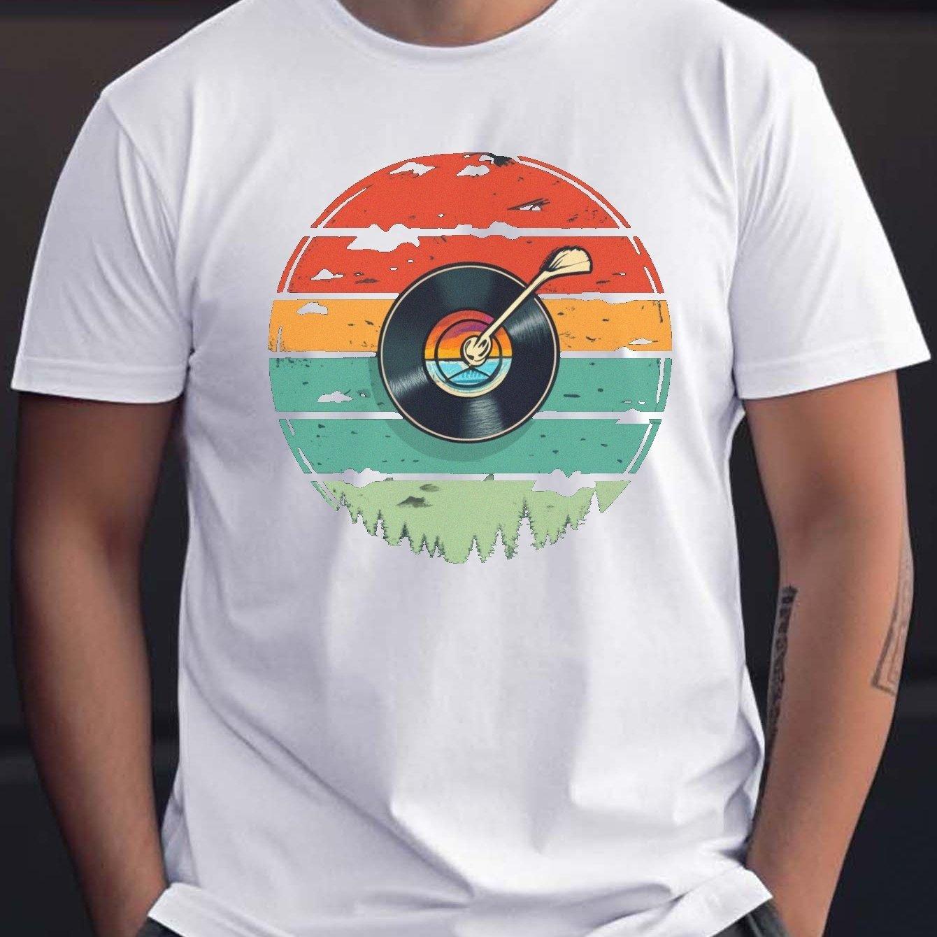 Retro Vinyl Record Sunset Forest Graphic Tee Men Casual Breathable Cotton TShirt S
