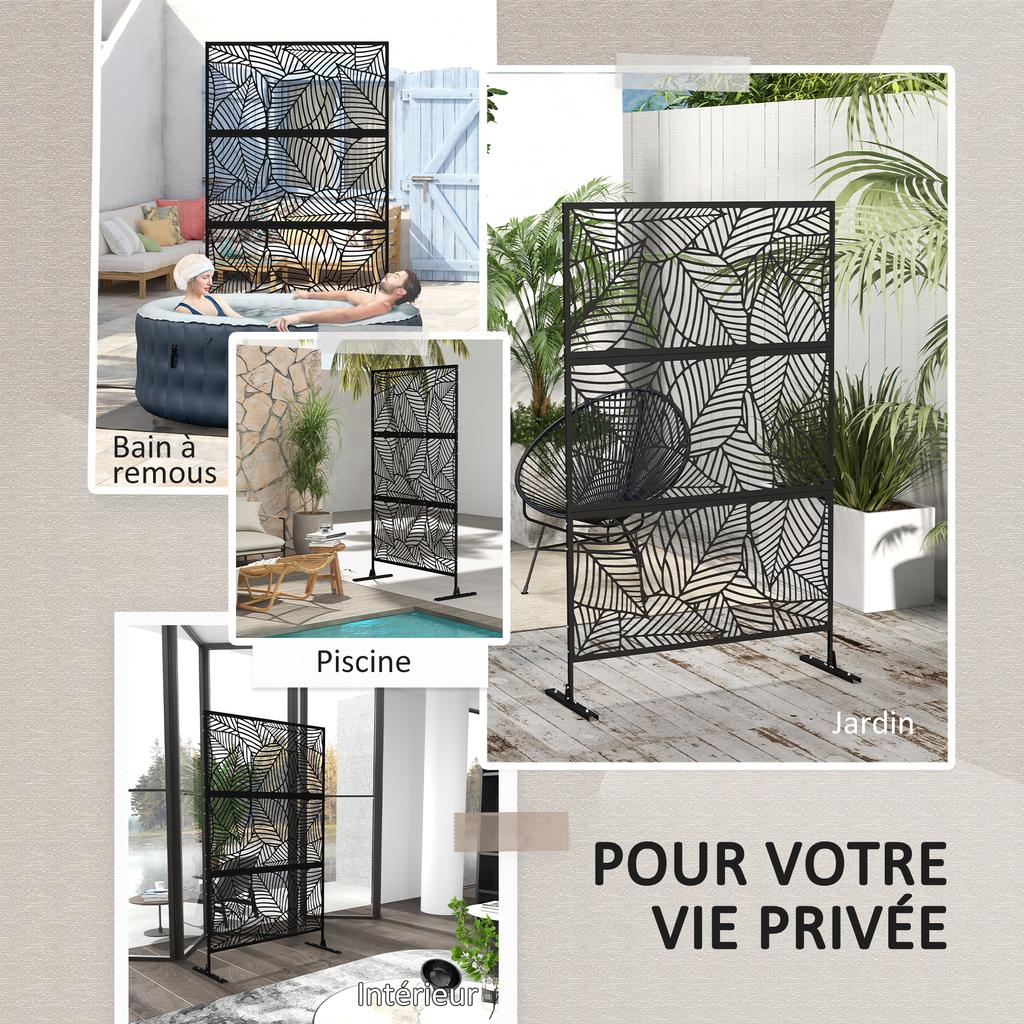 Decorative Privacy Screen Panel Outdoor Screen Black with Plant Motif in Metal - 122 x 45 x 198 cm, Black