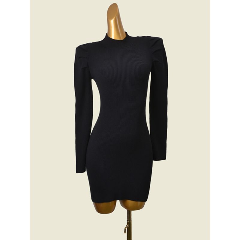 Daily Order Puff Sleeves Long Sleeves Bodycon Dress Fashion Wind Minimalist Small Stand-up Collar Slim Fit High Elastic Knitting Dress