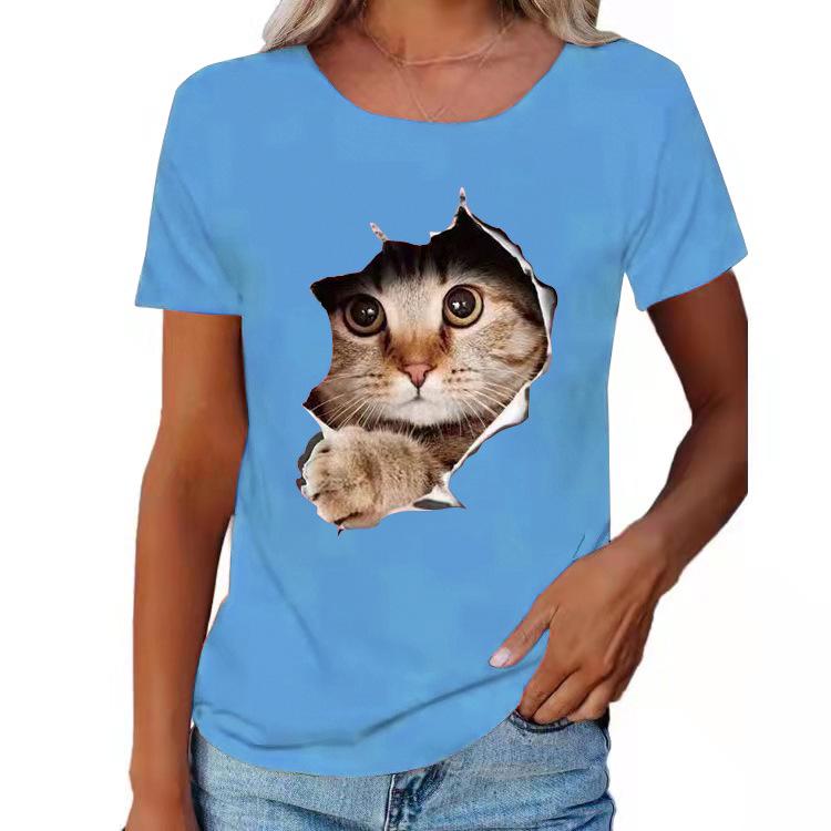 2024 Spring/Summer Women's Crew Neck Ripped Cat Graphic Loose Short Sleeve T-shirt.