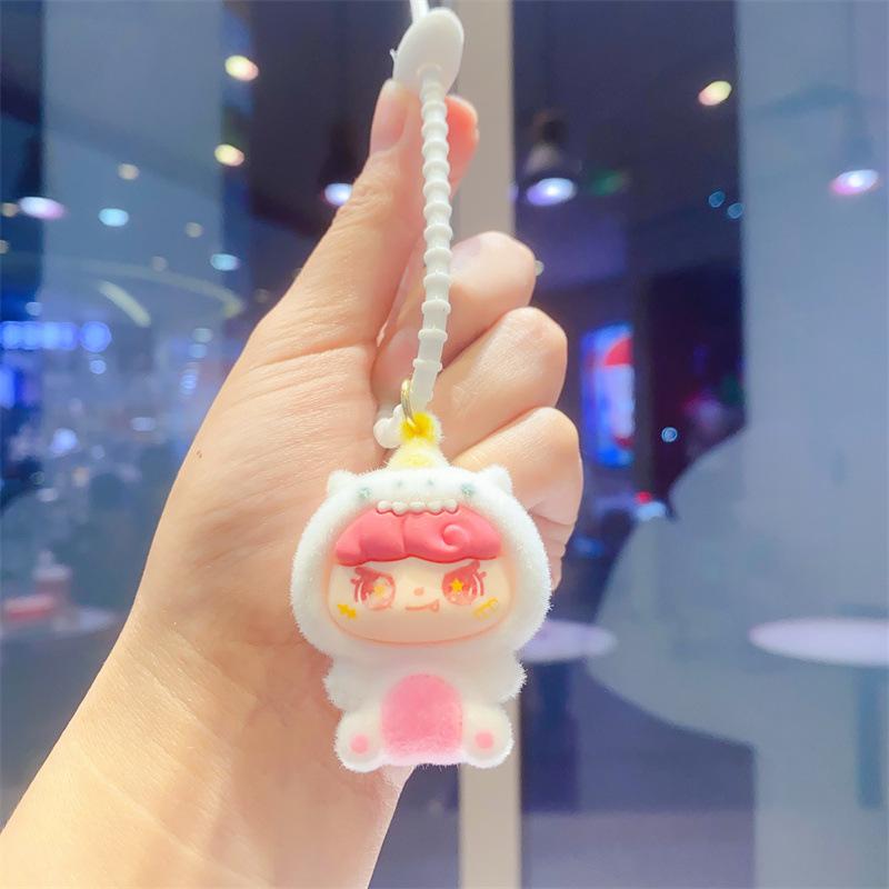 Creative Flocking Sitting Position Girl Tide Play Cute Doll DIY Keychain Schoolbag Pendant Keychain Pendant