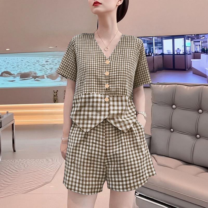 ZANZEA Damen Kurzarmbluse und Shorts Sommer Karomuster Zweiteilige Sets
