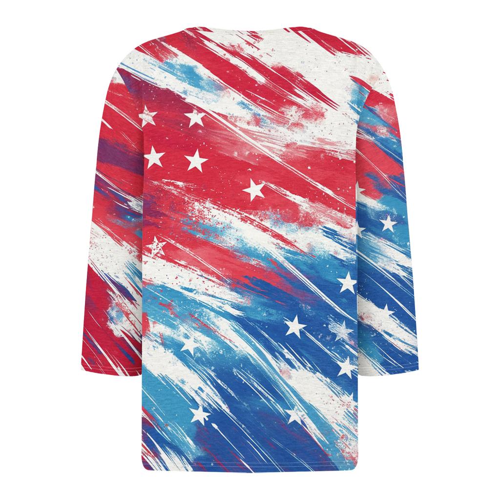 Women's T Shirt Independence Day Print Button 3/4 Sleeve Daily Weekend Fashion Basic V- Neck Regular Top